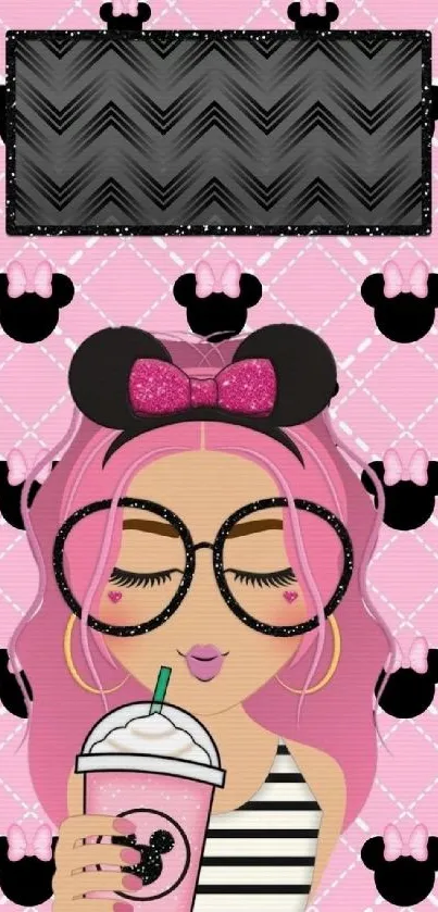 Cartoon girl with pink hair and stylish glasses on pink background.