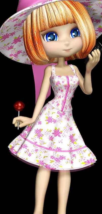 Chic cartoon girl holding a lollipop in a floral dress.