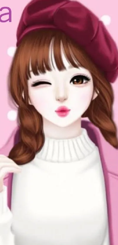 Chic cartoon girl with pink background and stylish fashion elements.