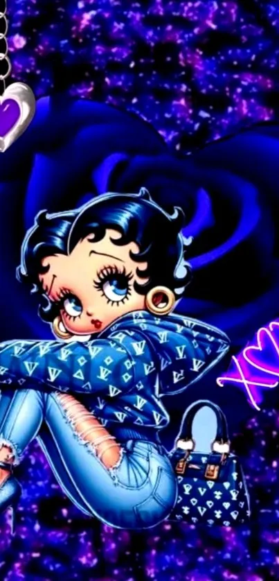 Chic cartoon character with a stylish purple background.