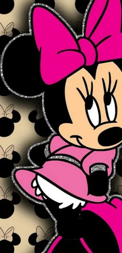 Stylish cartoon mouse with pink bow on beige background.