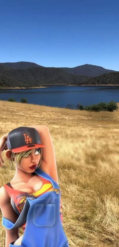 Animated character in overalls against scenic landscape with blue sky.