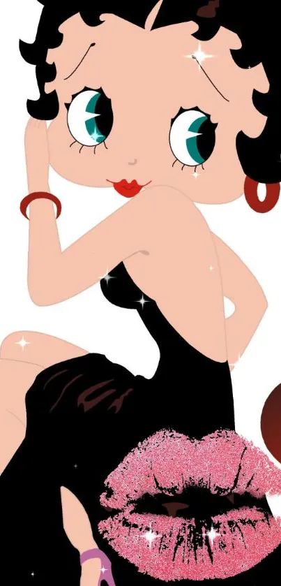 Classic cartoon character in black dress with red lips on mobile wallpaper.