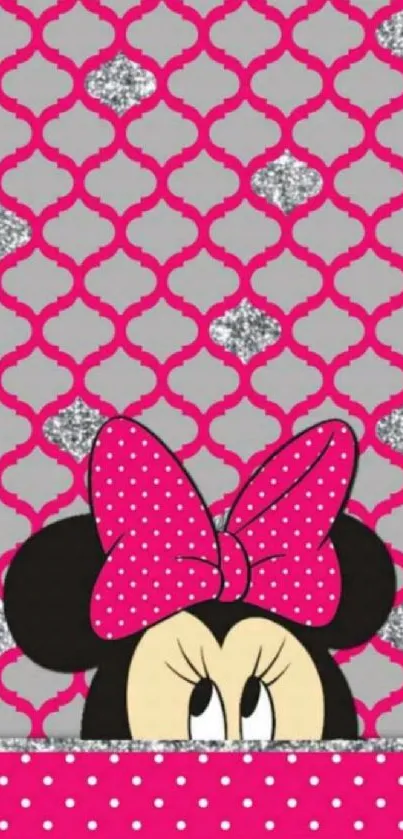 Chic cartoon pink and gray wallpaper with polka dots.