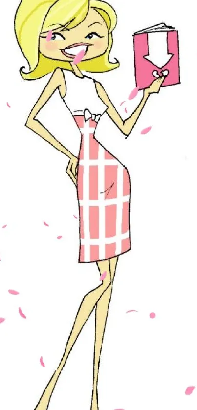 Chic cartoon character with pink plaid dress holding a book.