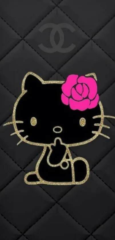 Chic black cat wallpaper with pink flower on quilted background.