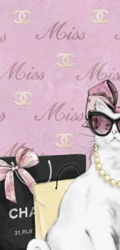 Elegant cat in sunglasses with fashion bags on pink wallpaper.