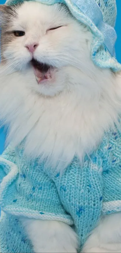 Cute cat wearing a blue knit outfit winking at the camera.