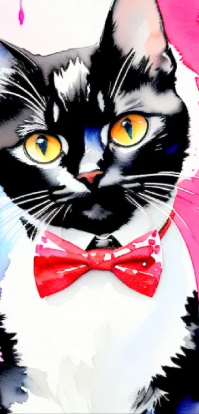 Black and white cat with red bow tie on watercolor background.