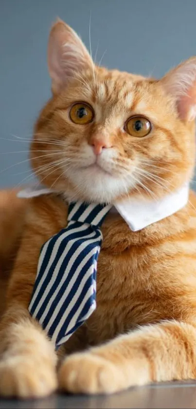 Ginger cat wearing a striped tie and white collar.