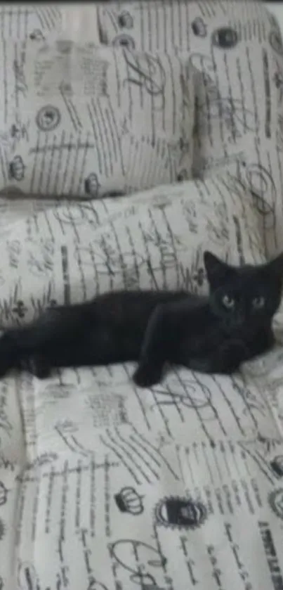 Black cat lounging on printed bedding.