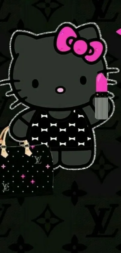 Chic cat holding purse on dark background.