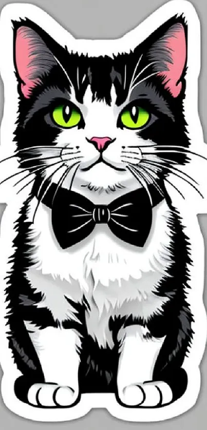 Cartoon cat with green eyes and a bow tie on a gray wallpaper.