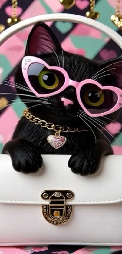 Cartoon cat with pink sunglasses and a chic handbag.