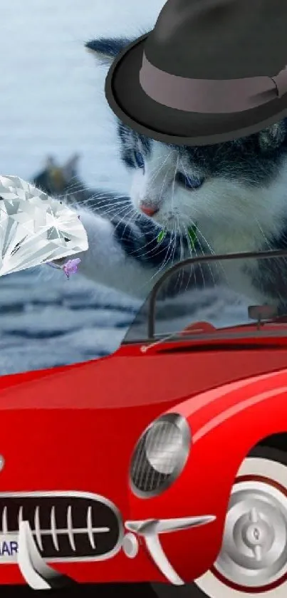 Playful cat wearing hat with vintage red car in whimsical setting.