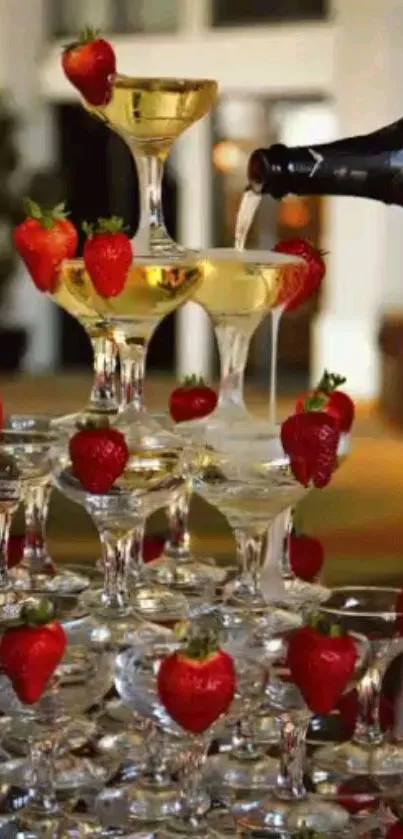 Champagne being poured over a tower of glasses adorned with strawberries.