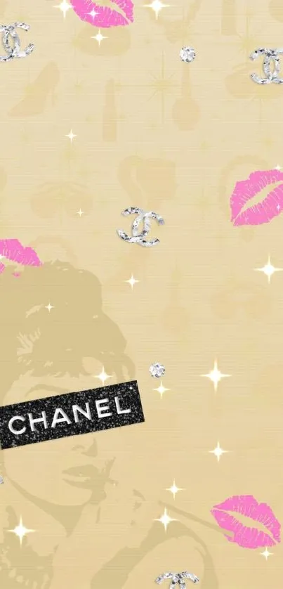 Chanel-inspired wallpaper with beige background, pink lips, and logo accents.