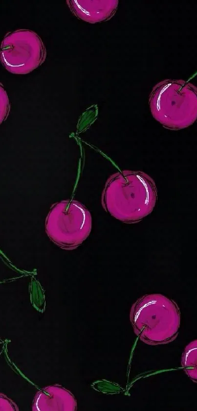 Mobile wallpaper with pink cherries on a black background.