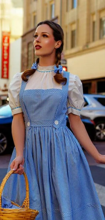 Woman in blue vintage dress crossing a city street.