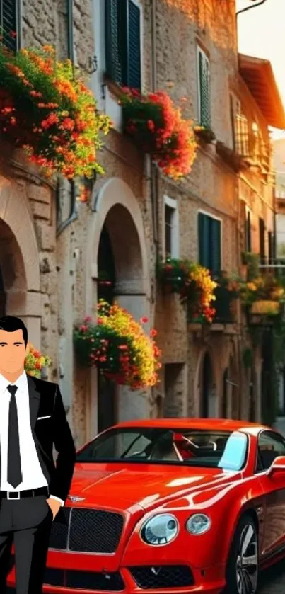 Luxury red car and animated businessman in cityscape.