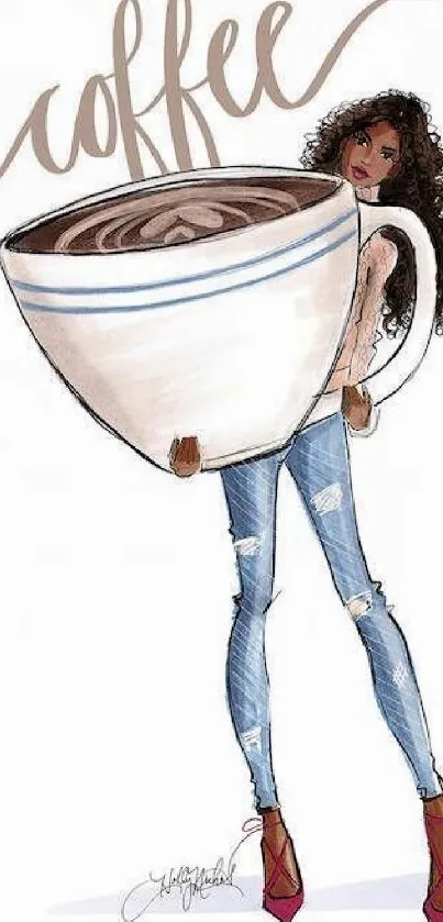 Elegant illustration of woman holding giant coffee cup, fashionably chic.