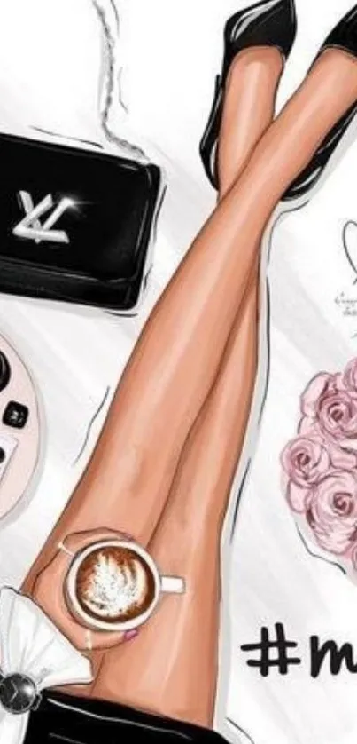 Illustration of crossed legs, coffee cup, roses, and black purse.