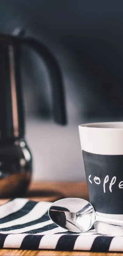 Coffee mug and espresso maker on wooden table in chic style.