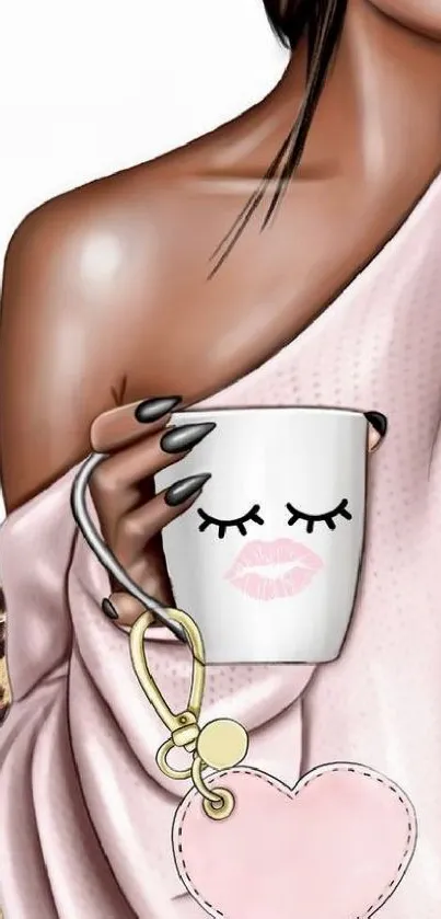 Chic girl holding coffee mug with fashion illustration.