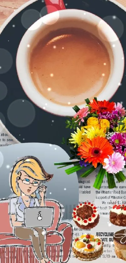 Coffee, flowers, and laptop on a chic workspace wallpaper.