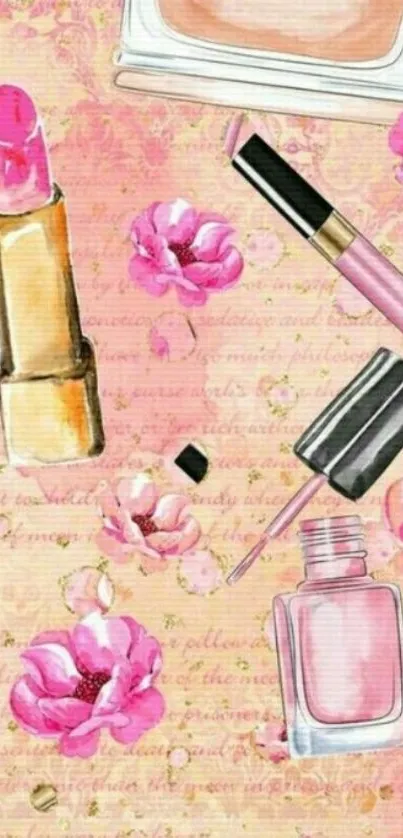 Chic wallpaper with cosmetics and pink flowers on a stylish background.