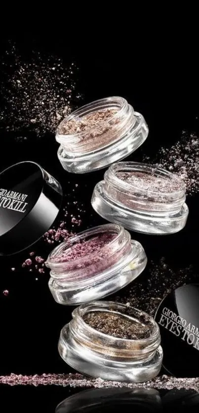 Stylish cosmetic jars with glitter on a black background.