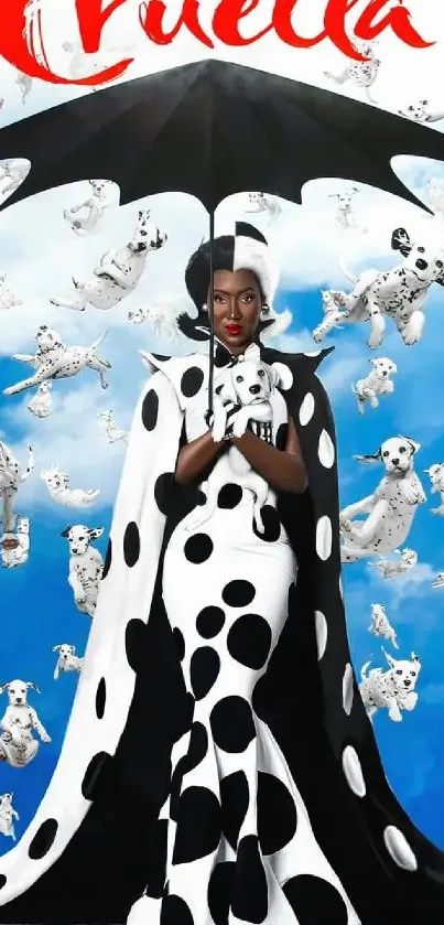 Dalmatian themed chic wallpaper with vibrant sky and stylish fashion elements.