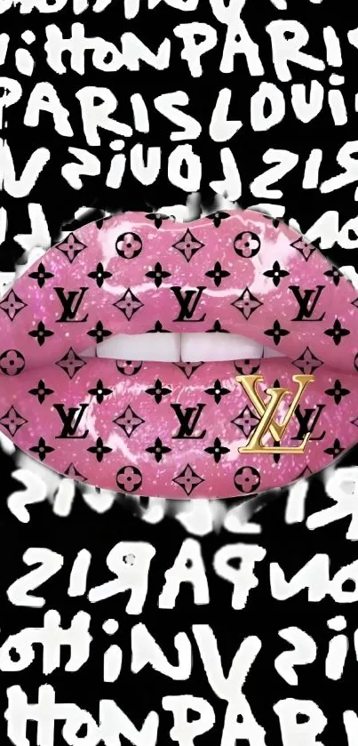 Pink designer lips with monogram on black graffiti background wallpaper.