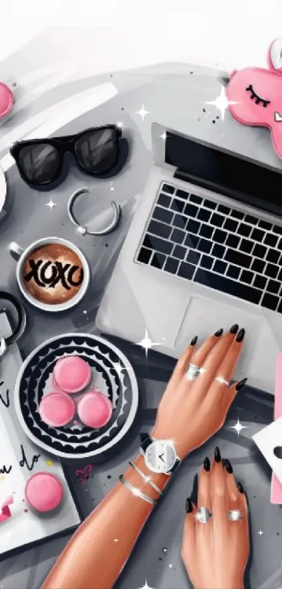 Chic flat lay with pink accents, laptop, and coffee.