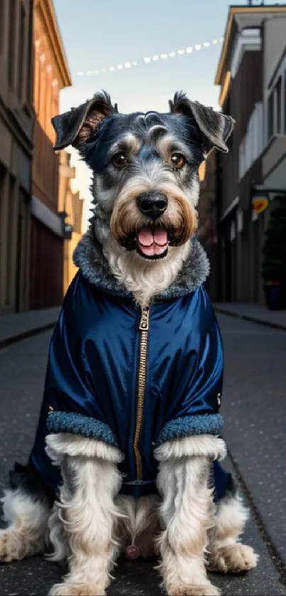 Dog in a stylish blue jacket on a city street.