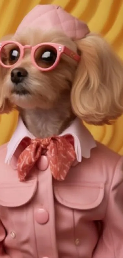 Dog in pink outfit and glasses on yellow background.