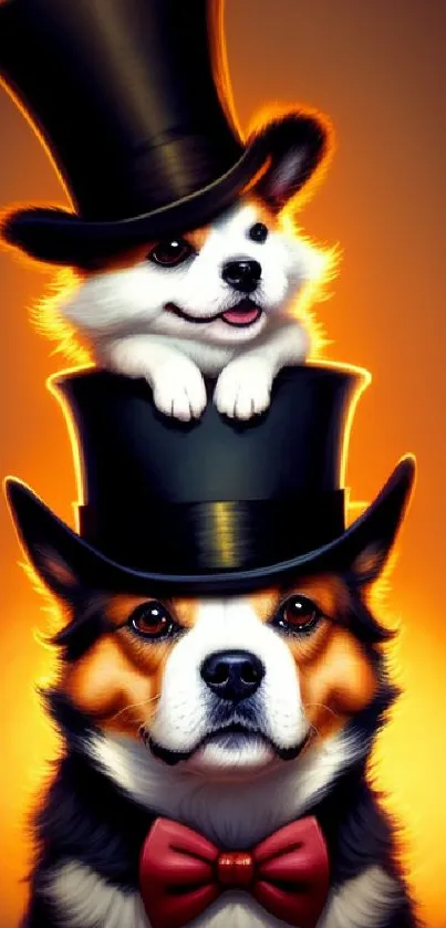 Two dogs in top hats on a glowing orange background.