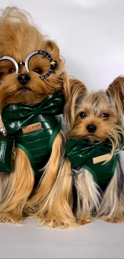 Two Yorkshire terriers in green outfits with sunglasses, perfect for wallpapers.