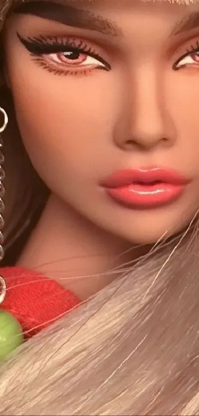 Stylish doll with blonde hair, vibrant makeup, and a chic earring in soft lighting.