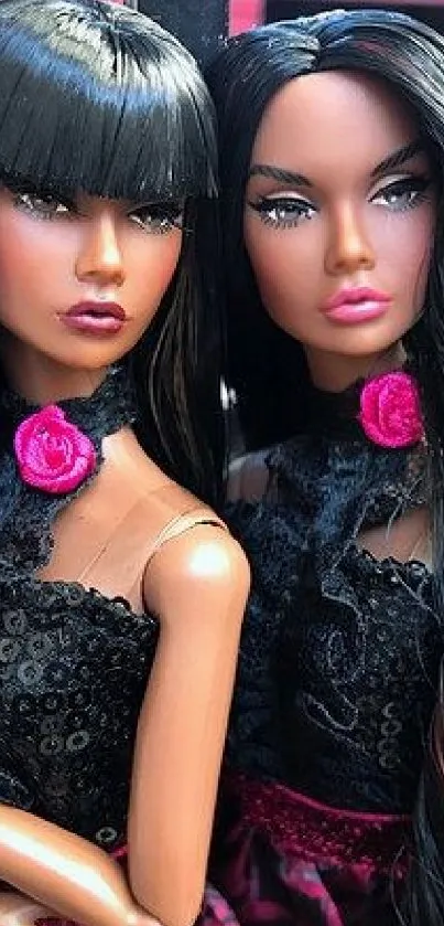 Stylish twin dolls with black hair and pink accents on a vibrant mobile wallpaper.