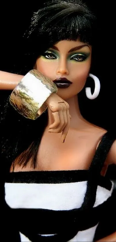 Chic doll with black attire and striking makeup in a stylish pose.