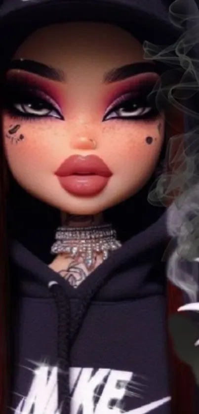 Chic doll character with hoodie and jewelry, fashionable mobile wallpaper.