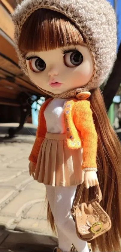 Doll in chic orange cardigan and beige skirt on pavement.