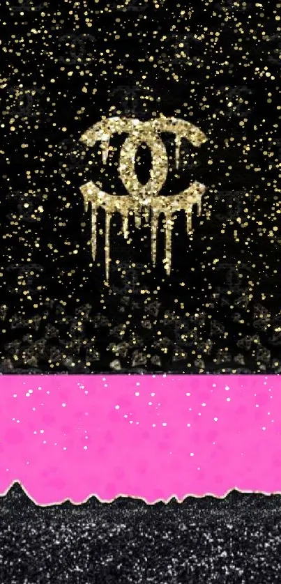 Chic dripping gold and pink wallpaper with glitter accents for mobile.