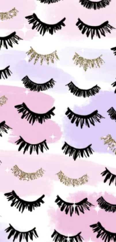 Mobile wallpaper with chic eyelash patterns on a pastel watercolor background.