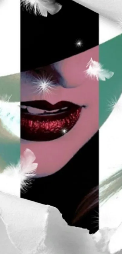 Chic surreal art wallpaper with red lips and abstract design.