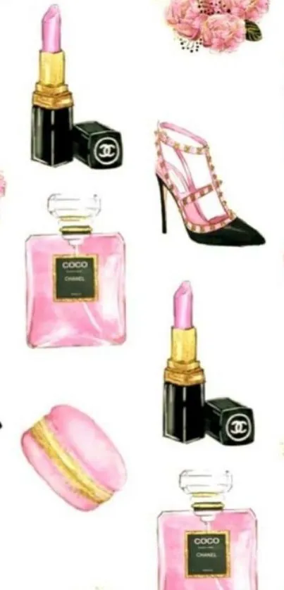 Chic mobile wallpaper with pink perfume, lipsticks, shoes, and flowers.