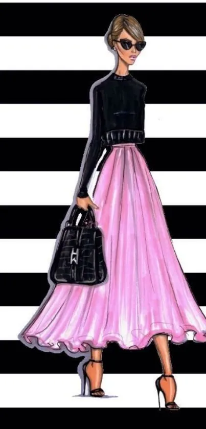 Fashion illustration with pink skirt on black and white striped background.