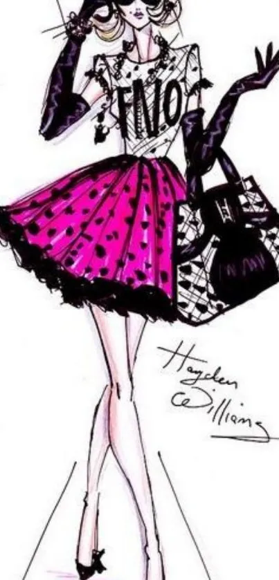 Fashion illustration of a woman in a pink skirt.