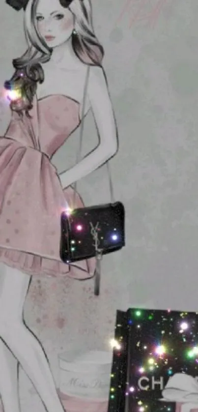 Chic fashion illustration with pink and glitter accents.